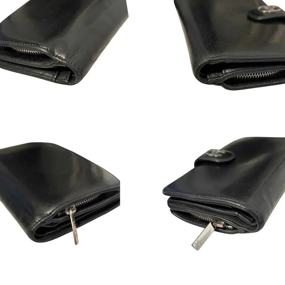 Chanel Black Lambskin Long Bifold Wallet Silver CC Snap Flap Zip Coin Pocket
